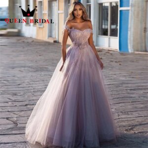 Shinny Tulle Prom Dresses Beading Sequined Lace Appliques Flowers Off Shoulder Formal Occasion Gowns Robe De Bal Custom D19C