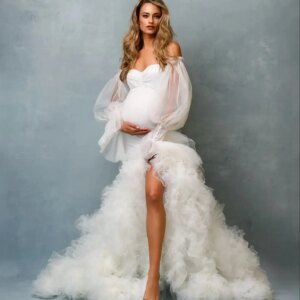 Off Shoulder White Maternity Robes Tiered Ruffles Mermaid Pregnancy Photography Dresses Long Sleeve Customized Baby Shower Gowns