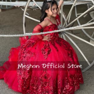Red Flower Girl Dresses Bead Appliques Beauty Pageant Gowns Sequin 2024 Birthday Luxury Dress Ball Gown With Sleeve Customized