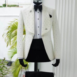 Luxury 2 Piece Mens Suit Gentlemen Jacket Pants Handmade Diamonds Customized Wedding Prom Party Formal Occasions Groom Tuxedo