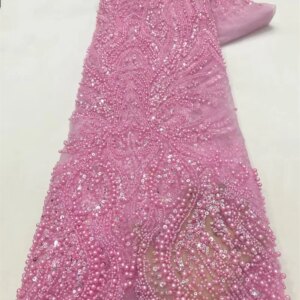 Pink African Heavy Beaded Lace Fabric, Nigerian Sequins Groom Fabric, Wedding Party Dress, High Quality ,5 Yards 2025 Net A990-1