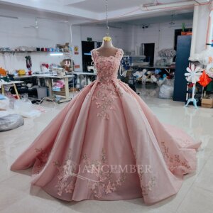 Customized Glittering Pink Quinceanera Dresses Floral Applique Lace Vestidos De 15 Anos Customized Lsany17