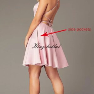 Spaghetti Straps Formal Wedding Party Gowns Cocktail Clubwear Gown Dresses Custom Made Short Satin Homecoming Dress with Pockets