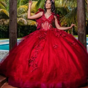 Customized Red Quinceanera Dress applique Tull Ball Gown Lace V-neck crystal Long tail Off Shoulder vestidos de 15 quinceañera