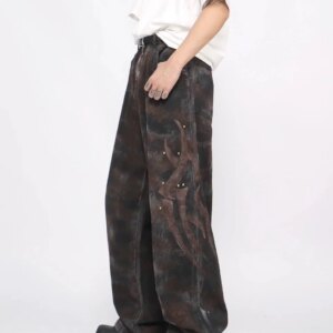 Heavy Dirty Wash Distressed Gradient Vintage Jeans Men’s American Straight Loose Design High Street Pants Fashion