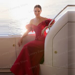 Simple Red Off Shoulder Evening Dresses Women’s Mermaid Sexy Sleeveless Pleat Satin Prom Gowns Party Vestido De Noche Customized
