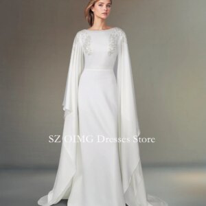 OIMG 2024 Boat Neck New Women’s Maxi Crepe Satin Prom Dress SEQUINNED SHOULDERS DRESS WITH FLOOR-LENGTH SLEEVES Party Dress
