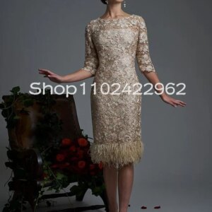 Customized Chamapgne Knee-length Mother of the Bride Dresses Crochet Lace Feather Half Sleeve Sheath Godmother Wear