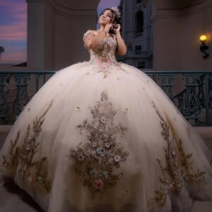 Champagne Quinceanera Dresses Off Shoulder Ball Gown Sweet 16 Dress Applique Flower Beads Bow Tull Birthday Party Vestidos 15 De