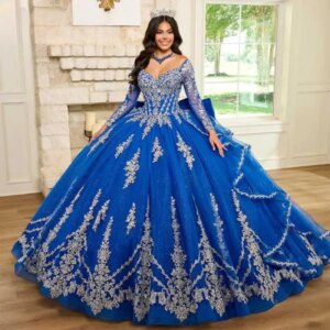 Customized Blue Attractive Tulle Quinceanera Dresses Lace Appliques Cap Sleeves Cathedral Train Vestidos De 15 Anos