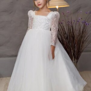 Flower Girl Dress Baby Girl Dress White Sequin Tulle With Bow Long Sleeves For Wedding Birthday Pageant First Communion Gown
