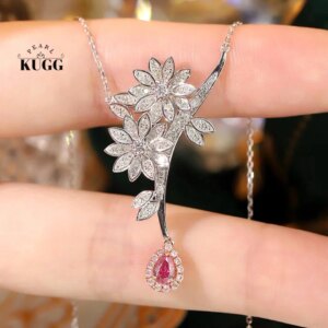 KUGG 100% 18K White Gold Necklace Luxury Flower Shape Real Natural Pink Diamond Pendant Necklace for Women High Party Jewelry
