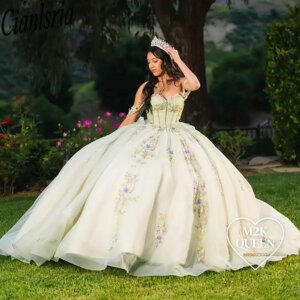 Sage Green Floral Appliques Lace Quinceanera Dresses Off The Shoulder Ball Gown Sweet 15 Vestido De XV Años