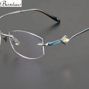 Diamond Trimming Ladies Rimless Myopia Glasses Studded Luxury Titanium Reading Glasses Blue Light To Relieve Fatigue Business.