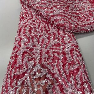 Red African Sequins Beaded Groom Lace Fabric High Quality French Tulle Lace Fabric 2025 Embroidery Nigerian Lace Fabrics A1014-1