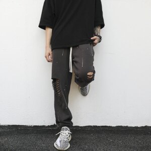 High Street Ripped Ankle-Tied Sweatpants Hip Hop Loose Casual Pants