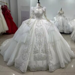 Vestido De Novia Princesa High Long Sleeve Wedding Dress Lace Up Keyhole Back Sequined Beading Embroidery Ball Gown Bridal Dress