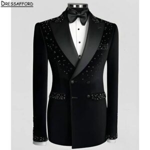Black Men Business Crystal Beading Formal Occasion Tuxedos Grooms Wedding Party Prom Male Suit 2 Piece Set Blazer Pants