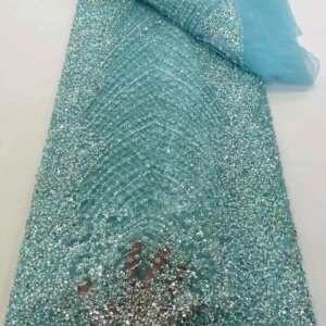 5 Yards Sky Blue Pearls Beads Heavy Lace African Sequence French Mesh Lace Sequins For Sewing Wedding Party Dress