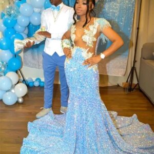 Customized Sparkling Mermaid Prom Dress Sexy V-Neck Crystal Feather Lace One-Shoulder Long Sleeve Birthday Party Evening Dress