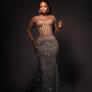 Grey Mermaid Prom Dresses For Special Occasions Rhinestones Beaded Evening Formal Party Second Reception Birthday Engagement Gow