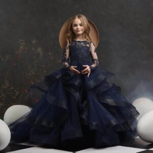 Black Flower Girl Dresses For Weddings Ball Gown Long Sleeves Tulle Appliques Long First Communion Dresses Kids Baby
