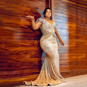 Gold Mermaid Prom Dresses Beaded Crystals Floral Sequined Long Sleeve Formal Party Banquet Occasions Evening Gowns Custom Made