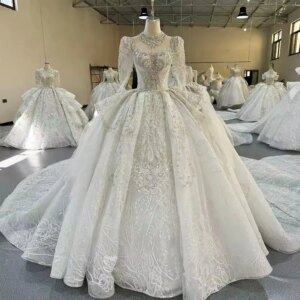 Vestido Noiva Long Sleeves Square Collar Beading Crystal Luxury Wedding Dress Ball Gown Lace Long Bridal Dress