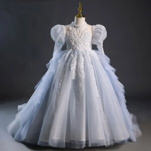 Jill Wish Luxury Beadeds Blue Girl Dress Arabic Long Sleeve for Princess Kids Birthday Wedding Party Performance Gown J044