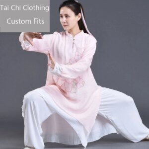 Summer Tai Ji Suit Women’s New Double-Layer Meat Powder Hemp Embroidered Long Performance Wear