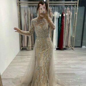 MYMB Champagne Elegant Scoop Neck Mermaid Formal Occasion Dresses Muslim Stunning Beaded Long Sleeves Tulle Evening Gowns DDS067