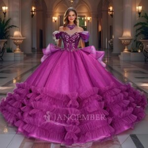 Princess Hot Purple Lace Quinceanera Dresses Off The Shoulder Beaded Ball Gown Princess Dress Corset bestidos Customized DY1328
