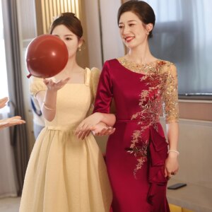 Luxury Wine Red Satin Women Evening Dresses For Wedding Ankle-Length Mermaid Mother Of The Bride Dresses With Sleeves