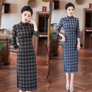 Artistic Girl’s Long 3/4 Sleeves Plaid Cheongsam Qi Pao Autumn New Retro National Style Dress