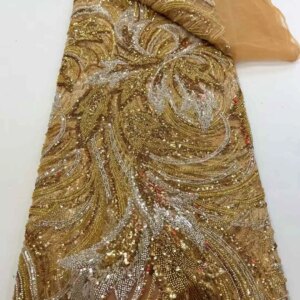 2025 France High-End Luxury Elegant Handmade Beaded Lace Fabric Nigerian With Sequins Mesh Lace Fabric For Wedding Dress Sewing