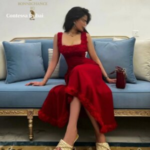 Contessa Dubai Red Square Collar Spaghetti Strap Prom Dresses Column Customized فساتين سهرة Ankle-Length robes de soirée