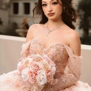 Long Sleeve Blush Quinceanera Dress Ball Gown 3D Flowers Applique Beading Corset Sweet 16 Vestidos De 15 Años