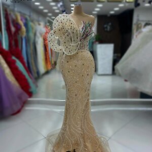 Luxury Champagne High Event Dress Shimmering Handmade Jeweled Crystal Long Glamorous Evening Dresses Colorful Beads Mermaid Robe
