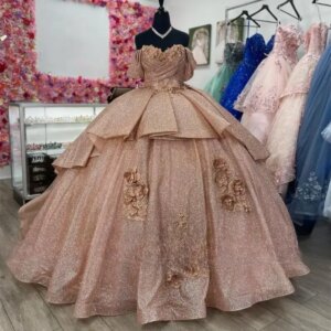 Customized Champagne 3D Flower Quinceanera Dresses Ball Gown Bead Luxury Dress Off The Shoulder Formal Gown Sweet 16