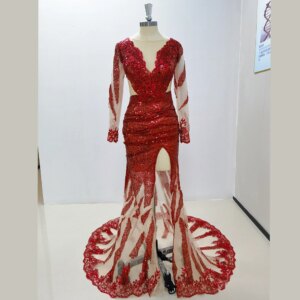 Red Lace Sequin Applique Long Sleeved A-line Evening Dress Fashion Floor Length Party Prom Ball Gowns