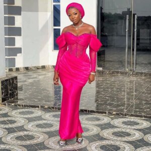 Fuchsia African Formal Party Dresses Off the Shoulder Lace Corset Nigerian Wedding Guest Dress Back Slit Aso Ebi Evening Dress