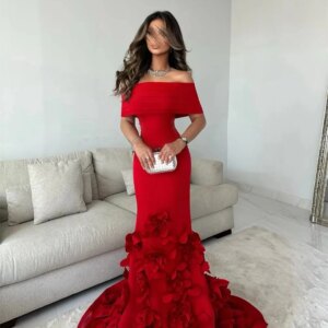 Red Off the Shoulder Prom Dresses 2025 3D Flower Pleated Evening Dress Sweep Train Floor-Length Wedding Guest Dress Customized