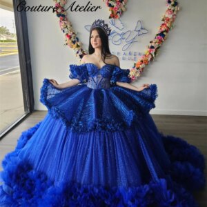 Princess Royal Blue 15 Quinceanera Dresses Ball Gown Ruffels Birthday Gowns Off The Shoulder Corset Sweet 16 Dresses Customized