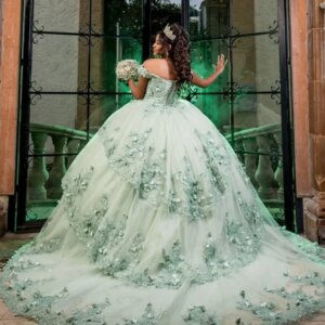 Green Shiny Princess Quinceanera Dresses Appliqued Lace Flower Beading Tull Sweet 16 Dress Sweetheart Ball Gown Vestidos 15 Anos
