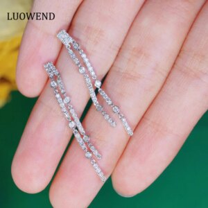 LUOWEND 100% 18K White Gold Earrings Romantic Tassels Drop Earrings 0.58carat Real Natural Diamond Earrings High Women’s Jewelry