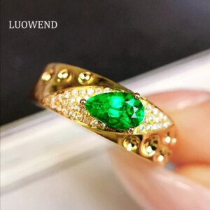 LUOWEND 100% 18K Yellow Gold Rings Elegant Shiny Style Natural Diamond Natural Emerald Engagement Ring for Women Party Jewelry