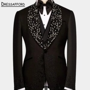 Black Men’s Suits Fashion 2 Pieces Sets Jacket Pants Sparkly Diamonds Pearls Groom Prom Blazers Decoration Tuxedos Men