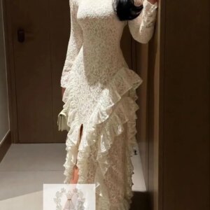 Customized Elegant Vintage Sweet Ivory Mermaid Lace Ruffle Slit Customize Formal Occasion Prom Dress Evening Party Gowns