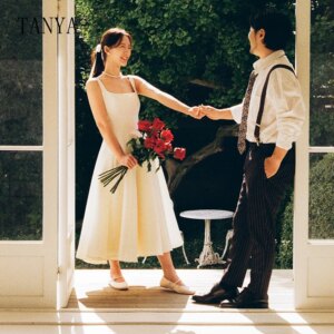 Square Collar Satin Wedding Dress Sleeveless A Line Ankle Length Bridal Party Dress Simple Short Zipper Bridal Gown TSWD335