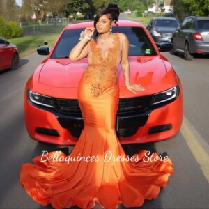 Sparkle Mermaid Orange Prom Dresses Black Girl Luxury Sexy Illusion O Neck Beads Sequin Long Evening Dress Women 2025 Customized